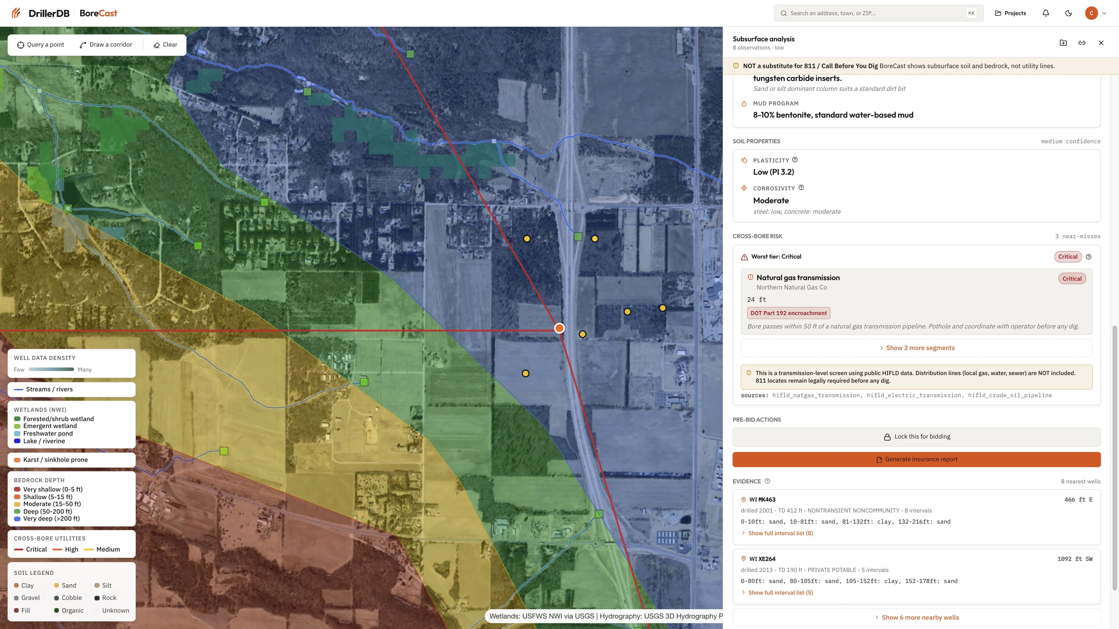 BoreCast cross-bore utility screening showing a red Northern Natural Gas transmission line crossing within 24 feet of a queried point in Sauk County Wisconsin, with the cross-bore risk panel open, DOT Part 192 encroachment flag, and recommended pothole-before-dig action.